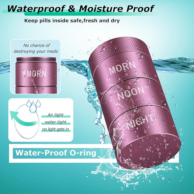 Aluminum Alloy Waterproof Pill Organizer 3 Times a Day,Moisture Proof Metal Pill Case,Small Daily Pill Holder for Purse,Portable Travel Pill Box Container to Hold Vitamins,Med, Supplements【Rose Gold】