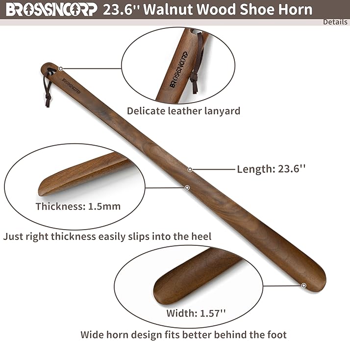 Wooden Shoe Horn Long Handle For Seniors 23.6" Easy Wear Helper Shoehorns Women Kids Baby Elderly Hanging Rings