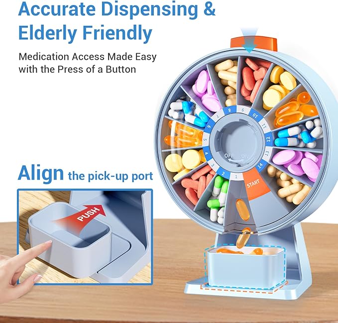 Zoksi Large Pill Organizer, Daily Pill Box for 7 or 14 Days, Wall-Mountable Pill Dispenser Hold for Medicine, Vitamin or Supplements, Weekly Pill Case with Easy Press Button (Blue)