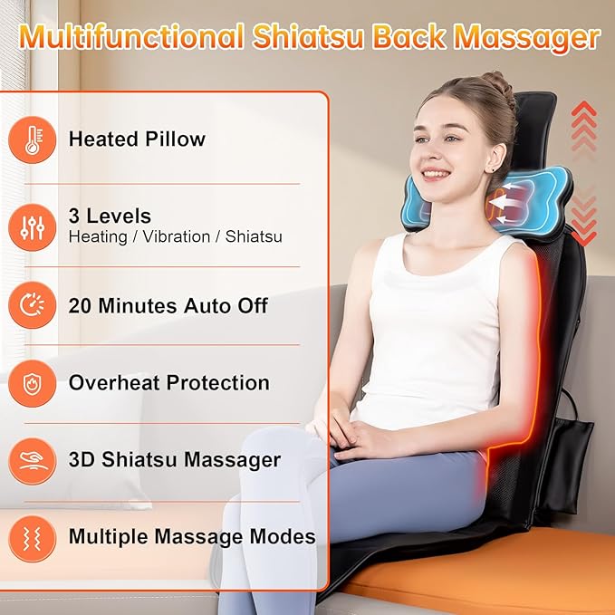 Shiatsu Back Massager with Heat, Massage Chair Pad for Full Back, Chair Massager with Neck Support Suitable for Office/Home,Gift for Father/Mother/Christmas
