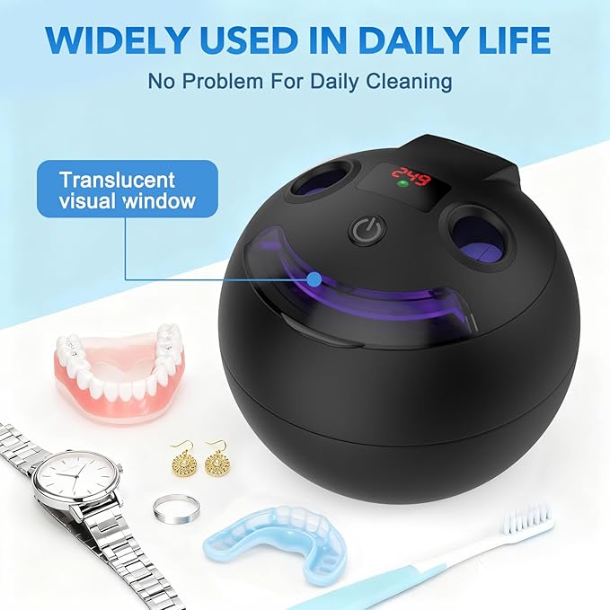 Dental Ultrasonic Retainer Cleaner - 48kHz Dental Cleaning Pod for Denture, Braces, Mouth Guard, Toothbrush Heads, Jewelry, 4 Modes Retainer Cleaner Machine with Digital Timer & 200ML,Black