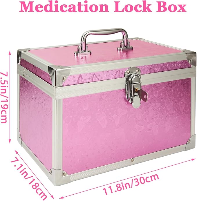 12 x 7 x 7.5 Inch Medication Lock Box with Key, Locking Box with Portable Storage Case, Security Lock Boxes Medicine Storage Box for Cash, Medicine, Documents and Valuables - Pink