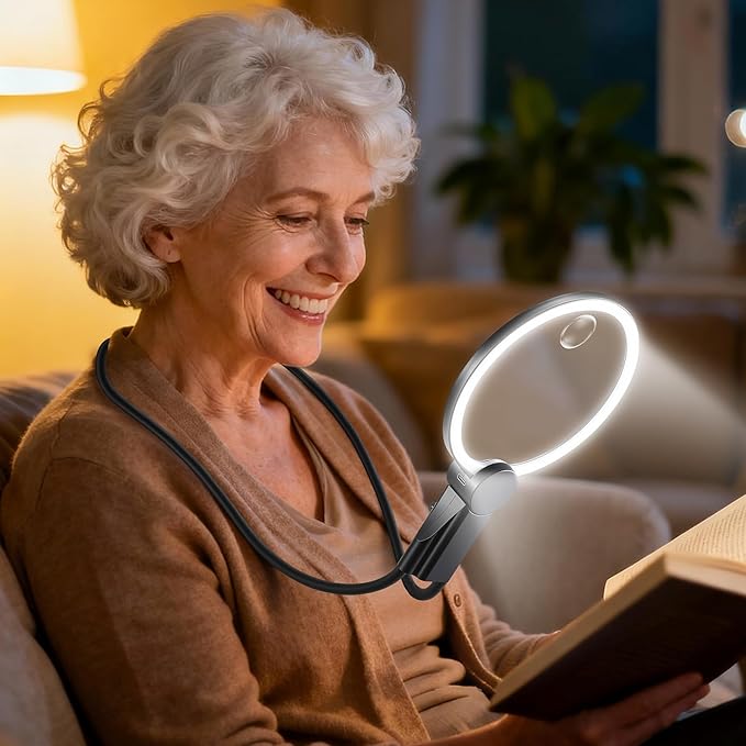 Hands Free Magnifying Glass with Light for Close Work, 5.5 Inch 5X 10X Multi-Functional Lighted, Neck Wear Magnifier for Reading Books, Sewing, Handmade, Low Vision Seniors (Black)