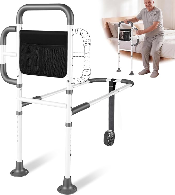 Bed Rails for Elderly Adults Safety, ASTM Tested 400 LBS Bed Assist Rail with Side Assist Handle, Ergonomic Foam Grip, Bed Cane for Seniors, Adjustable Height Thickened Carbon Steel Frame (White)
