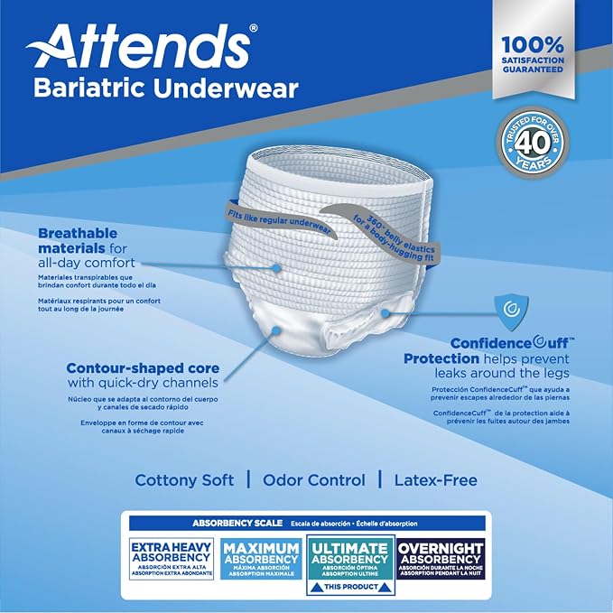 Attends Bariatric Adult Incontinence Underwear, 2X-Large (68–80”), [48 Count] – Ultimate Absorbency for Men and Women, Disposable Pull-On Diapers with Tear-Away Sides, AU50