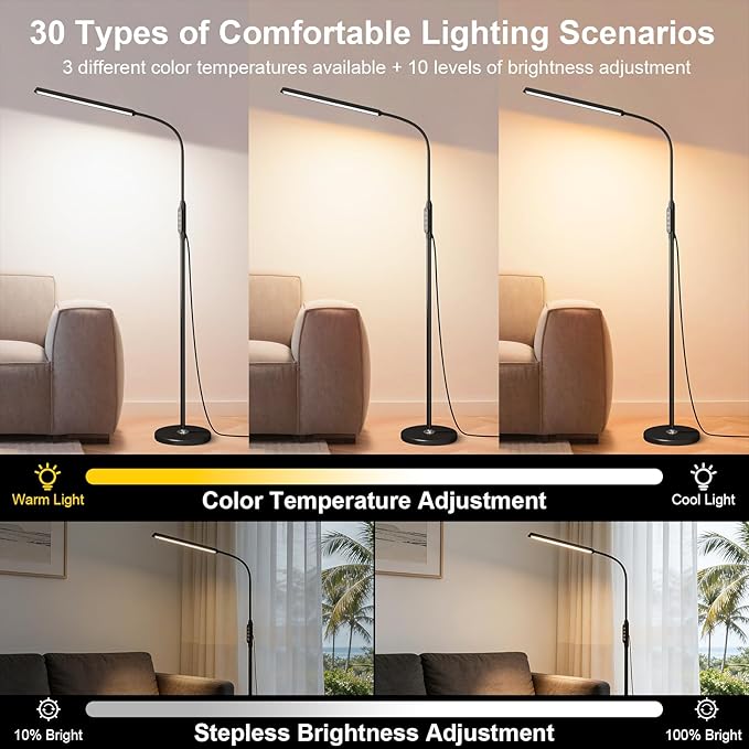 Bright LED Eye-Protecting Reading Floor Lamps Touch and Remote Dimming 3000-6000k, Tattoo Craft Drawing Makeup Adjustable Gooseneck Standing Light,Living Room Chair Sofa Bedroom Office