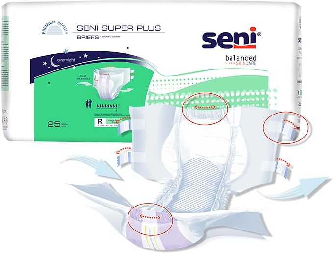 Seni Super Plus Unisex Adult Incontinence Briefs with tabs, Size M (30"-43"), 25 Count (1 Pack of 25), Heavy to Severe Absorbency, Disposable Overnight Brief for Men & Women