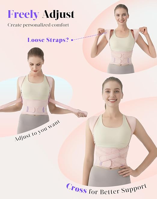 Posture Corrector for Women and Men, Full Back Support Brace, Adjustable Shoulder Straightener, Improving Posture, Relief Upper and Lower Back, Neck Pain, Pink, Medium