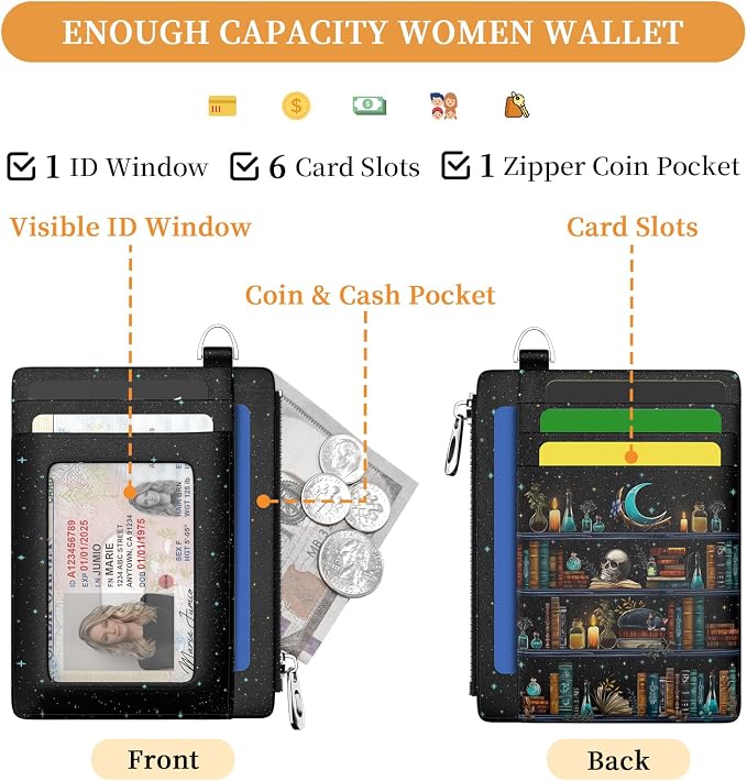 Hancynir Goth Book Skull Slim Wallet Women Credit Card Holder Wristlet RFID | Gothic Keychain Lanyard Wallet, Travel Zipper Coin Pocket, Ladies Gifts Women, Minimalist Card Case, 6 Card Slot, PU Leather