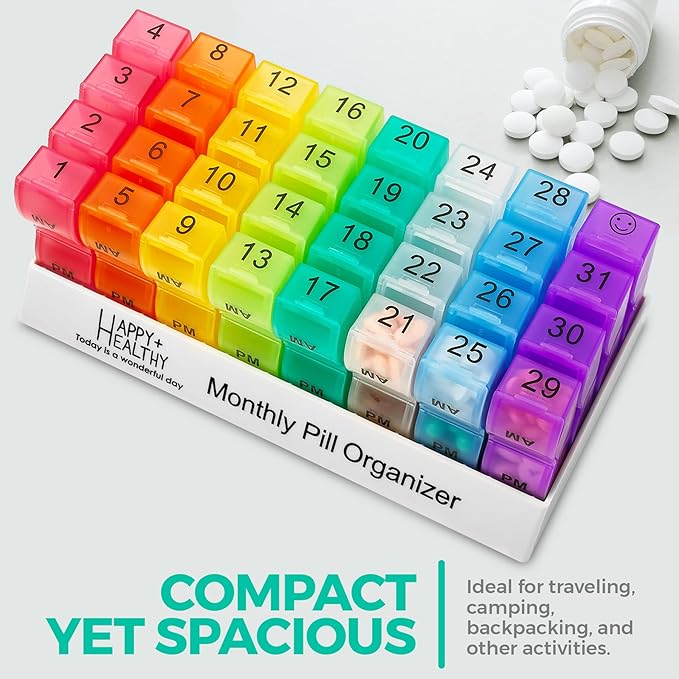Pill Organizer Monthly - 31 Day Am/Pm Daily 32 Pill Cases for Each Day, Organizer Box for Vitamins, Medicine and Medication