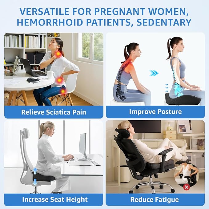 Sytopia Extra Large Office Chair Cushion, 19" x 17" Ergonomic Memory Foam Seat Cushion, Pressure Relief for Tailbone Pain, Sciatica & Hip Pain, Booster Pad for Sitting & Driving, Extra Cover (Black)