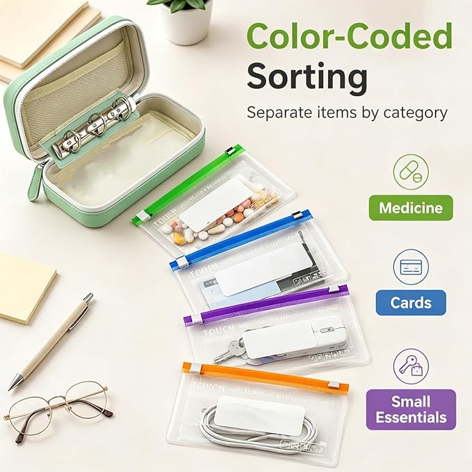 2026 Upgraded A8 Waterproof Pill Pouch Set, 14 Color-Coded Zippered Pouches, 2-Week Travel Medicine Organizer for Vitamins, Supplements, Prescriptions, Jewelry & Small Essentials