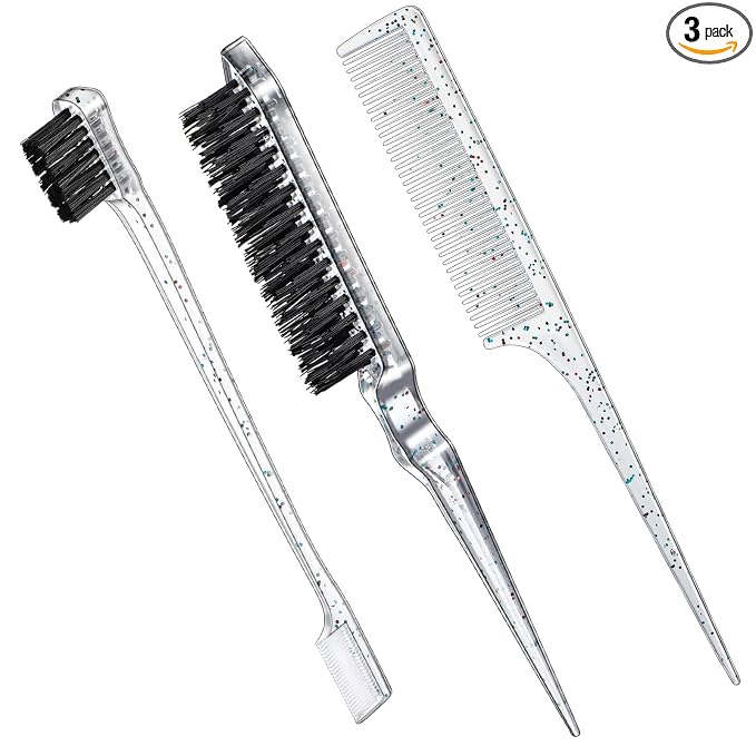 Geiserailie 3 Pcs Slick Back Hair Brush Set Bristle Brush Edge Control Teasing Comb for Women Black Hair(Clear Red)
