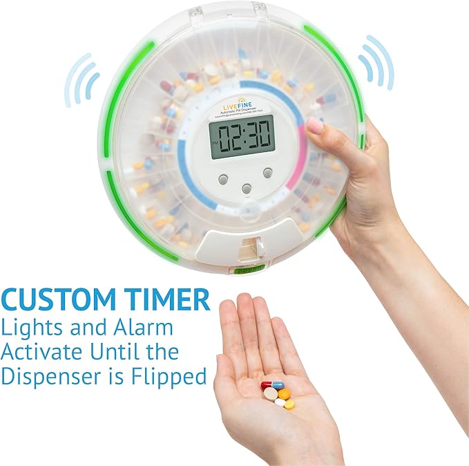 LiveFine Automatic Pill Dispenser, 28-Day, 9 Dosage Rings, 30-Min Alarms | Portable, battery-powered organizer for prescriptions and vitamins - locks with a manual key for safe travel