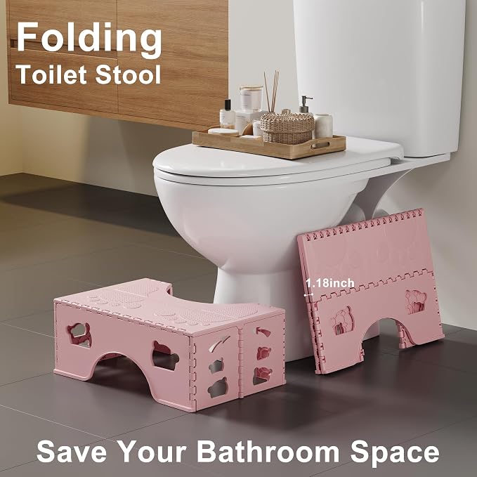 Foldable Poop Stool Adult, 7 Inch Collapsible Toilet Stool Squat, Portable Squatting Potty Toilet Steps for Travel, Bathroom Pooping Stools for Adults, Pink