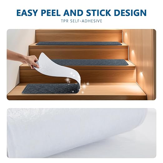 Stair Treads for Wooden Steps Indoor, 15 Pack 8" X 30" Non Slip Carpet Stair Treads with Reusable Adhesive for Elders and Dogs, Surface Polyester TPR Backing Stair Rugs