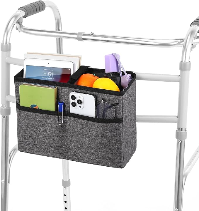Rhino Valley Walker Basket for Walkers Accessories for Seniors,Gray | Basket for Walkers with Multi Pockets, Hand-free Carry Pouch Storage Bag Walker Accessories for Universal Walkers for Seniors