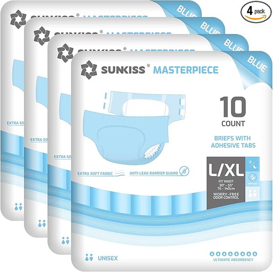 SUNKISS Masterpiece Adult Diapers with Tabs, Unisex Disposable Incontinence Briefs for Women and Men, Odor Control, Blue, L/XL, 40 Count