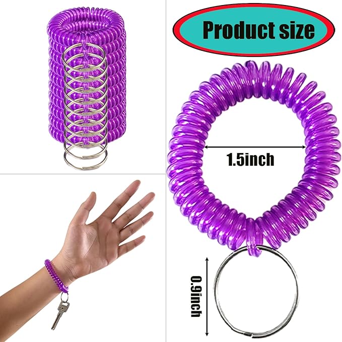 10 Pieces Wrist Coil Keychain Spiral Key Ring, Clear Purple | Wristband Bracelet Key Holder for Pool Gym ID Badge