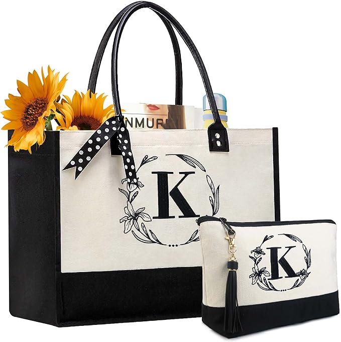 BeeGreen Christmas Birthday Gifts for Teachers Mom Nana Women Initial Tote Bag-for-Women, Friends-Mother Christmas Thank you with Embroidery Initial Monogram, Large Canvas Tote Bag K
