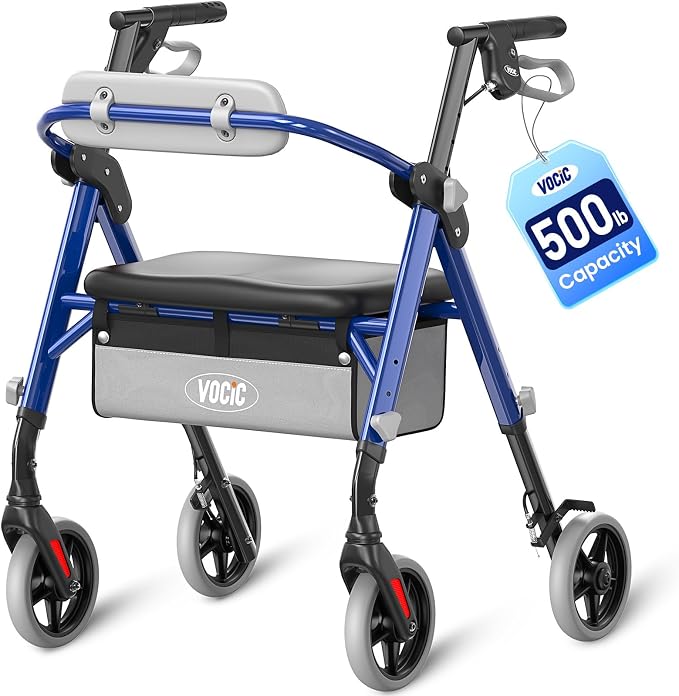 VOCIC Z11 Rollator Walkers for Seniors with Seat, 500 LBS Load, Ultra Wide | High-capacity support, 23" wide frame, ergonomic seat, dual brakes, and slim fold for home, shopping & daily walks, Blue