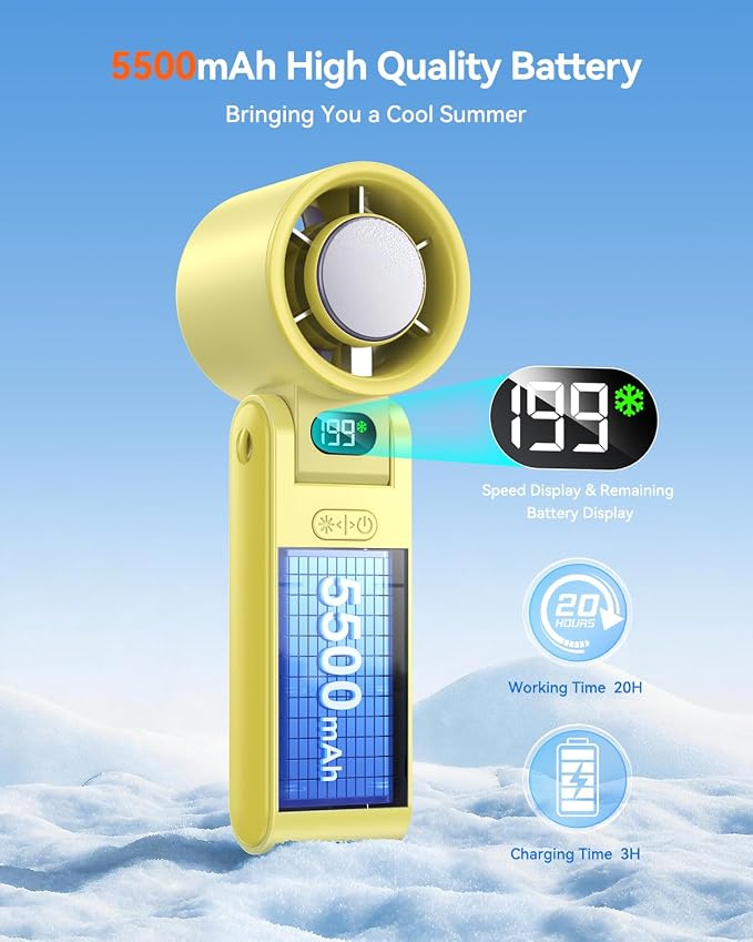 Portable Handheld Fan with Ice Cooler, 199 Speed Personal Fan,5500mAh Rechargeable,20H Cooling Time,20000 RPM Powerful Motor, Summer Essential for Travel/Outdoor/Office, Yellow