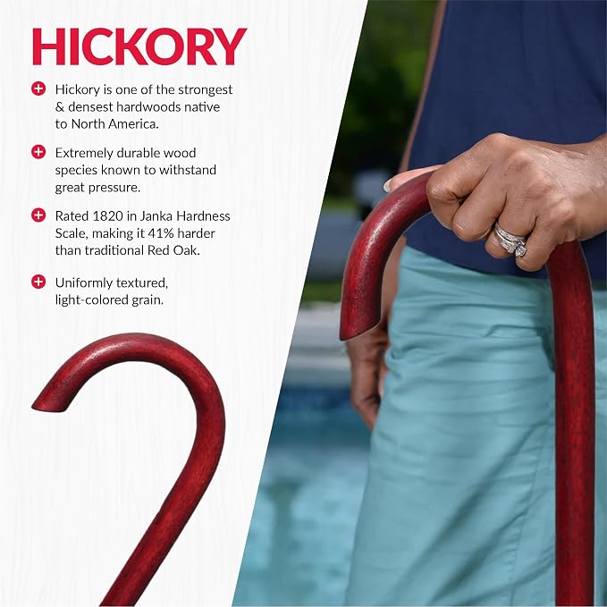 Cane Masters Handmade Wooden Classic American Walking Cane | Highly Durable American Hickory Wood Walking Cane | Ergonomic Handle and Body Grip, Anti-Slip Rubber Tip Wood