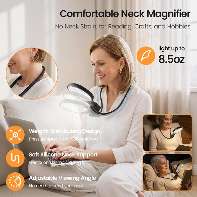 Magnifying Glass for Reading with 48 LED Lights 3 Color Modes, Neck Magnifier Hands Free, 5X/10X Magnifiers for Seniors for Close Work Repairing Reading Sewing (Black)