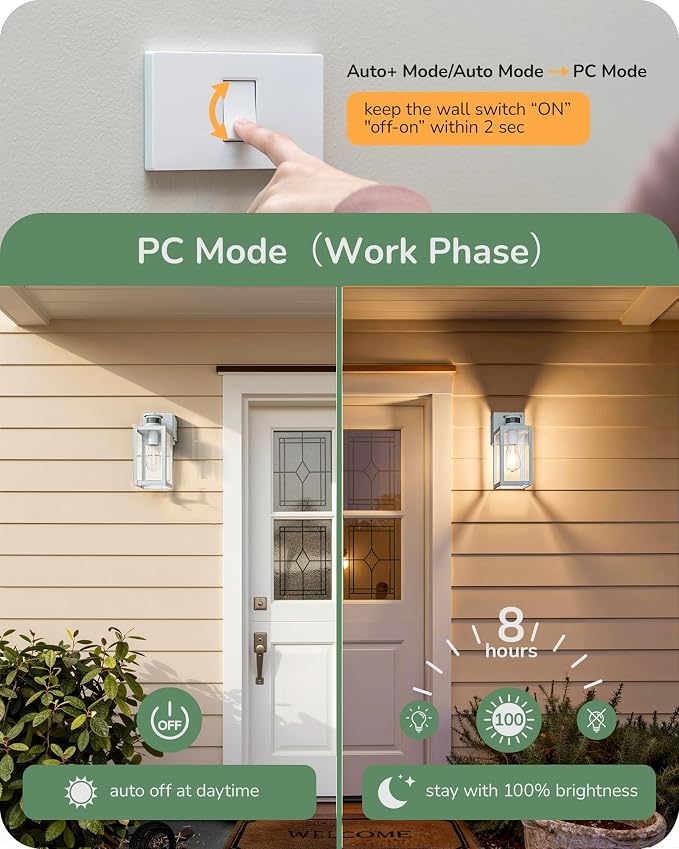 EDISHINE 2 Pack Motion Sensor Dusk to Dawn Outdoor Wall Light with Outlet | 12"H, 3 Modes, GFCI, Clear Glass, Anti-Rust, Dimmable, E26 Base, Porch Light for Front Door, Garage, Patio, White