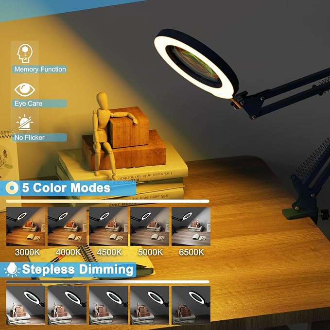 12X Magnifying Glass with Light and Stand, 5 Color Modes Stepless Dimmable 2-in-1 Lighted Magnifier with Clamp, LED Desk Lamp Hands Free for Crafts Hobby Reading Painting Sewing Close Work Blue