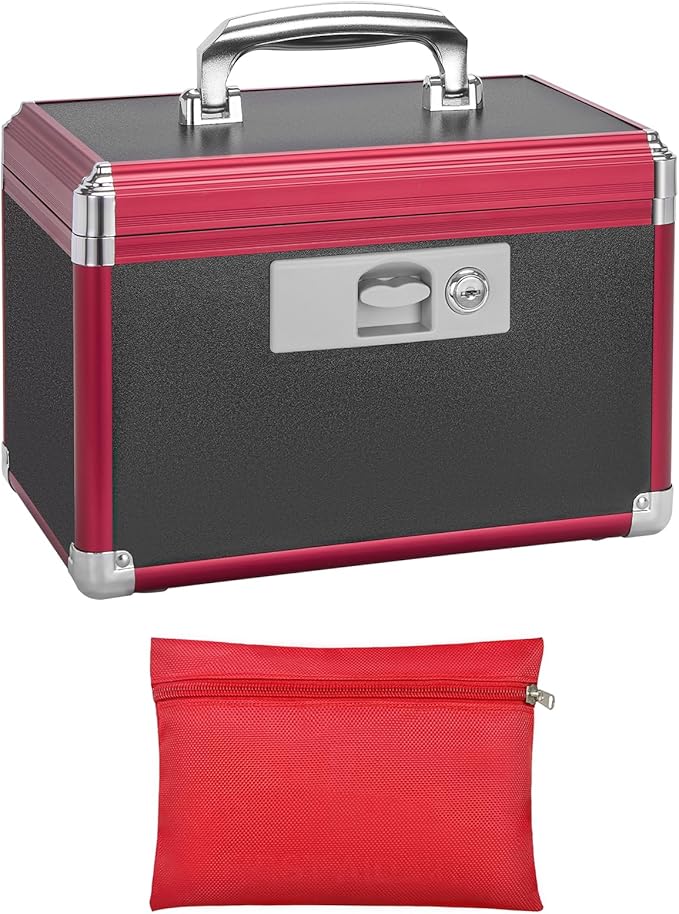 Secure Medicine Lock Box with Key, Childproof Metal Medication Storage Organizer for Home & Travel, Layered Aluminum First Aid Box, Portable & Durable – 10" x 6" x 6.7" Black & Red