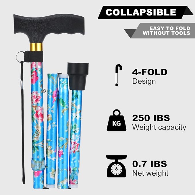 PARLORA Walking Cane for Women and Men, Collapsible, Lightweight, Sleek, Foldable Folding Cane | Walking Sticks for Seniors & Adults with Comfortable T-Handle