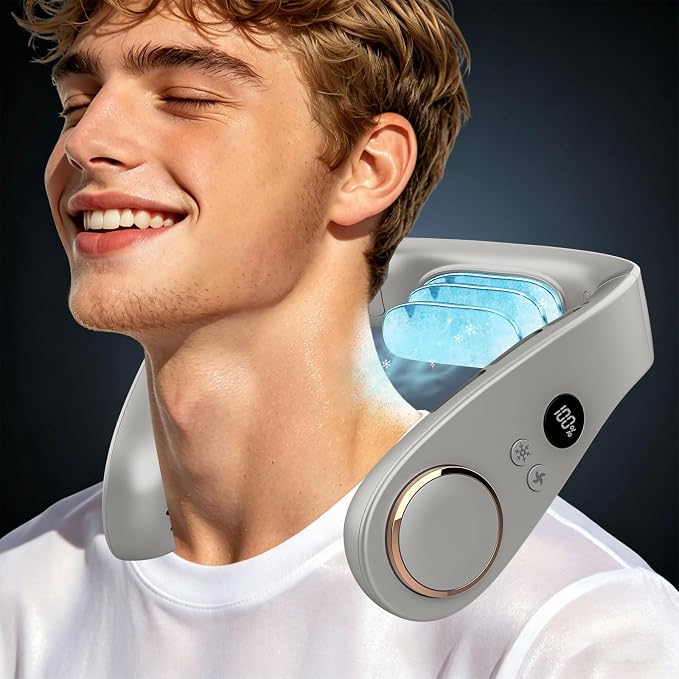 Neck Fan with Cooling Plate-5 Speed&Power LED Display-24H Quiet Powerful Fans that Blow Cold Air-USB 5500mAh Bladeless Wearable Personal AC Cooler for Women,Men,Kids,Travel,Outside,Indoor Grey