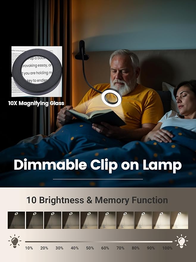 10X Magnifying Glass with Light,5 Colors+10 Brightness Magnifier with Light | 750 Lumen Magnifying Lamp, 58 LED Clip on Reading Lights for Books in Bed, Clip on Lamp for Desk/Headboard/Nail/Craft/Puzzle