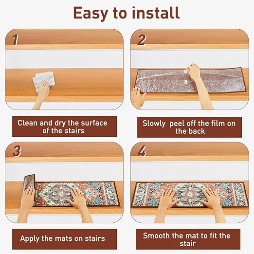 Stair Treads for Wooden Steps Indoor, 15 Pack 8" X 30" Non Slip Carpet Stair Treads with Reusable Adhesive for Kids Elders and Dogs, TPR Backing Stair Rugs Oriental Staircase Step Treads,Bohemia