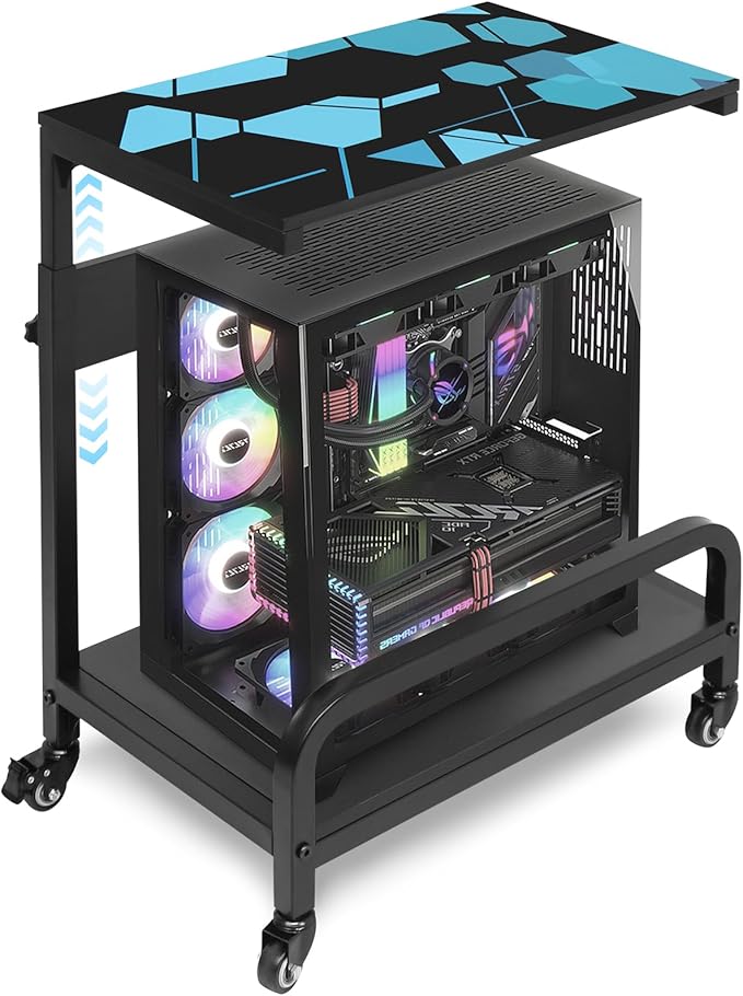 Adjustable Computer Tower Stand Large with Guardrail, 2 Tier Gaming PC Tower Stand for ATX, E-ATX, ITX, Rolling Floor Cart with Locking Metal Wheels, 32.7" X 21.6" X 15.8"