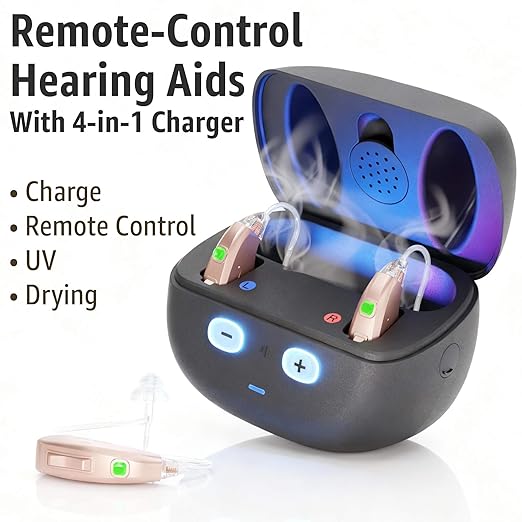 EarCentric EasyCharge PRO Digital OTC Hearing Aids for Seniors – No App, No Bluetooth Needed – Remote Control Charging Case with UV Light & Auto-Dryer