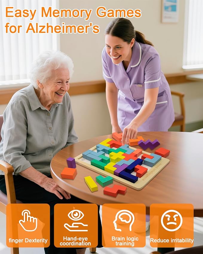 Dementia Activities for Seniors Wooden Tiles Gifts Geometric Cognitive Products & Training Easy Memory for Alzheimer's Elderly Cognitive Craft Gifts