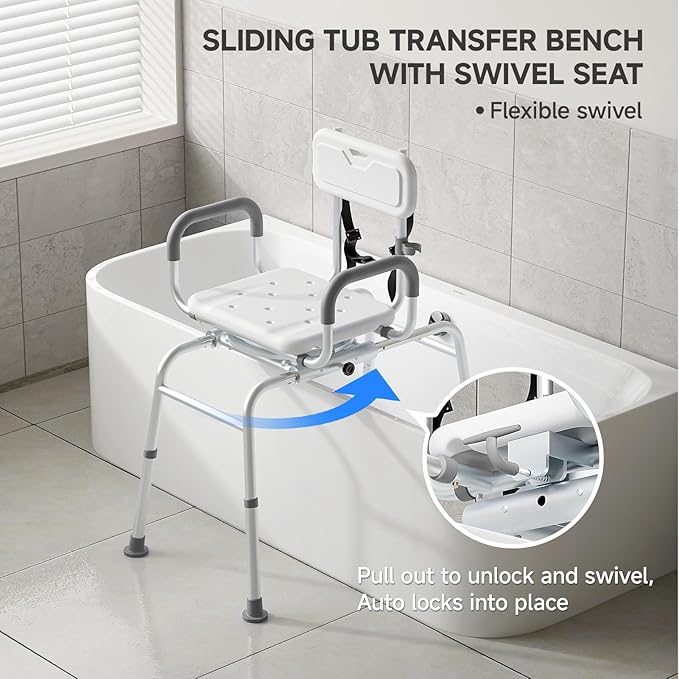 Sliding Shower Chair Tub Transfer Bench with Swivel Seat, Padded Armrest and Backrest, Height Adjustable for Bathtubs, Inside Shower, for Handicap & Seniors，350 Lbs