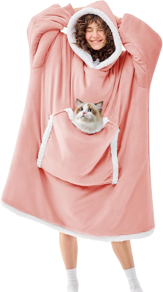 JOYWOO Pink Oversized Wearable Blanket Hoodie,Cat lovers Long Hoodie Blanket for Adult,Birthday Gifts for Women Men Mom,Cozy Sherpa Sweatshirt Hooded Blanket Giant Pocket Gifts,Mellow Rose Oversize