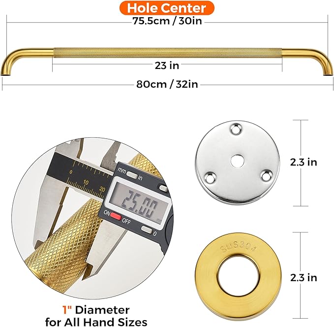 Grab Bars for Shower, 2 Pack 32-Inch Anti Slip Shower Handles for Elderly, Safety Shower Grab Bar, Stainless Steel Handicap Grab Bars for Bathroom,Toilet (Gold, 1" Diameter)