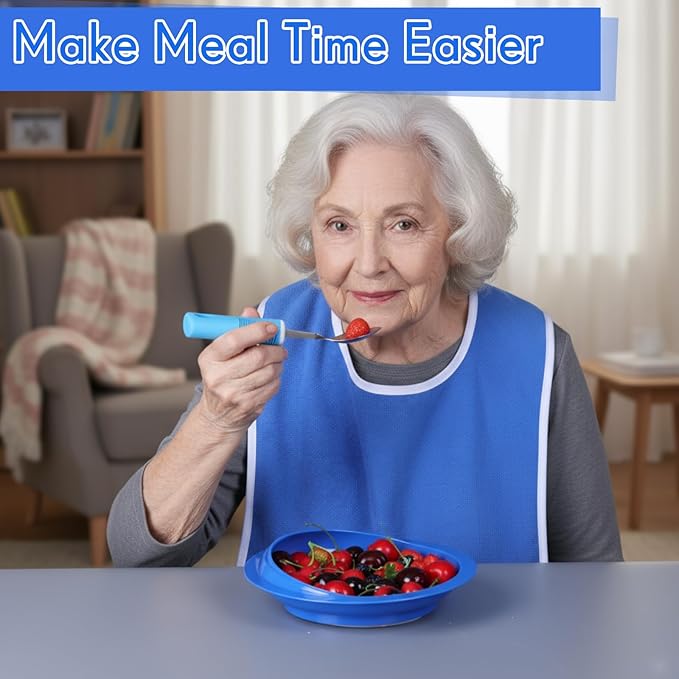 6 Pcs Adaptive Utensil with Bib Bowl Plate Set Weight Cutlery Gift for Christmas Elderly Disabled Arthritis Parkinson(Blue)