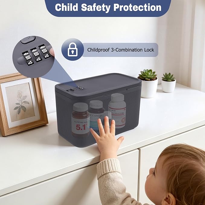 Small Medicine Lock Box Upgraded PLUS Taller , Medication Lockbox with Combination, BPA-Free Food Small Lockable Storage Box for Pill Organizer, Phone Jail, Snack, Fridge, Home, Office,Gray