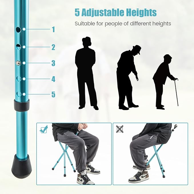 Goplus Walking Cane with Seat, Heavy Duty Aluminum Alloy Crutch Chair with LED Light and Retractable 3 Legs, Portable Anti-Slip Seat Cane, Lightweight Walking Stick for Seniors Elderly