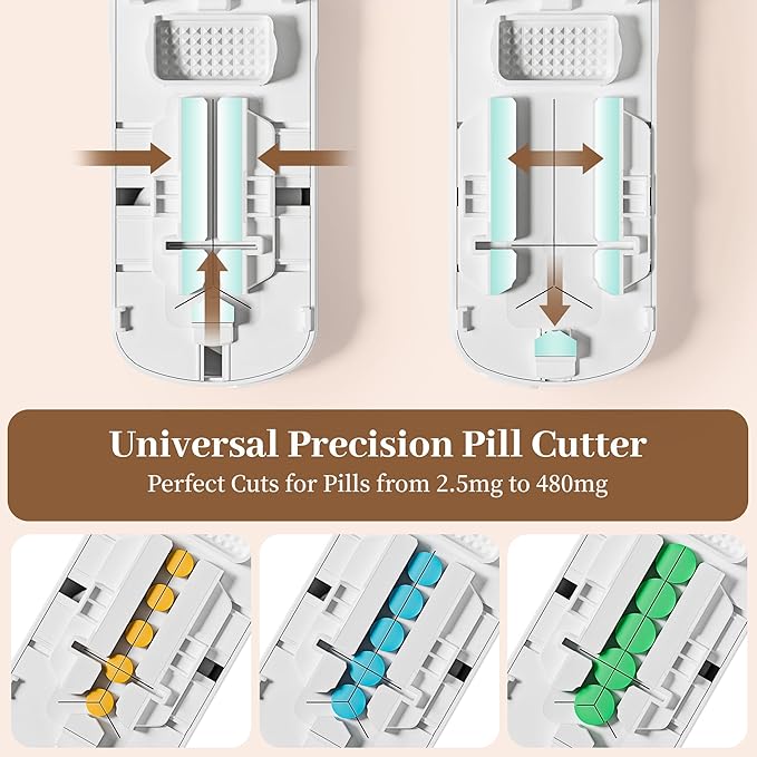 Pill Cutter for Small Pills, Pill Splitter for Tiny Pills - Precisely Cuts into 1/2, 1/3, 1/4 | Portable & Easy-Grip Design