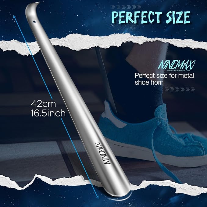 NINEMAX Shoe Horn Long Handle for Seniors Men Women, Metal Long Shoehorn Boot Horn Stainless Steel Shoe Spoon Helper 16.5''(Pack of 2)