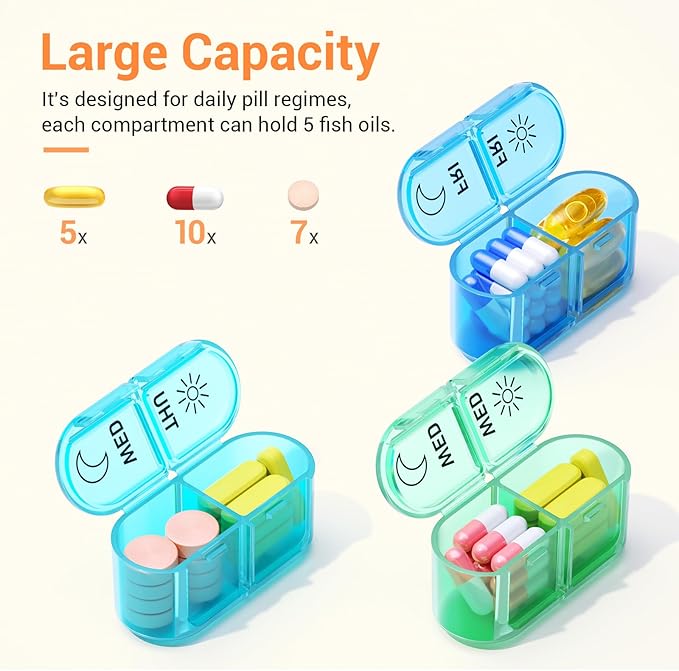 Weekly Pill Organizer 2 Times a Day - AM PM Pill Organizer with 7 Daily Color-Coded Small Cases, Morning and Night Travel Pill Cases for Vitamins, Medicine, & Supplements