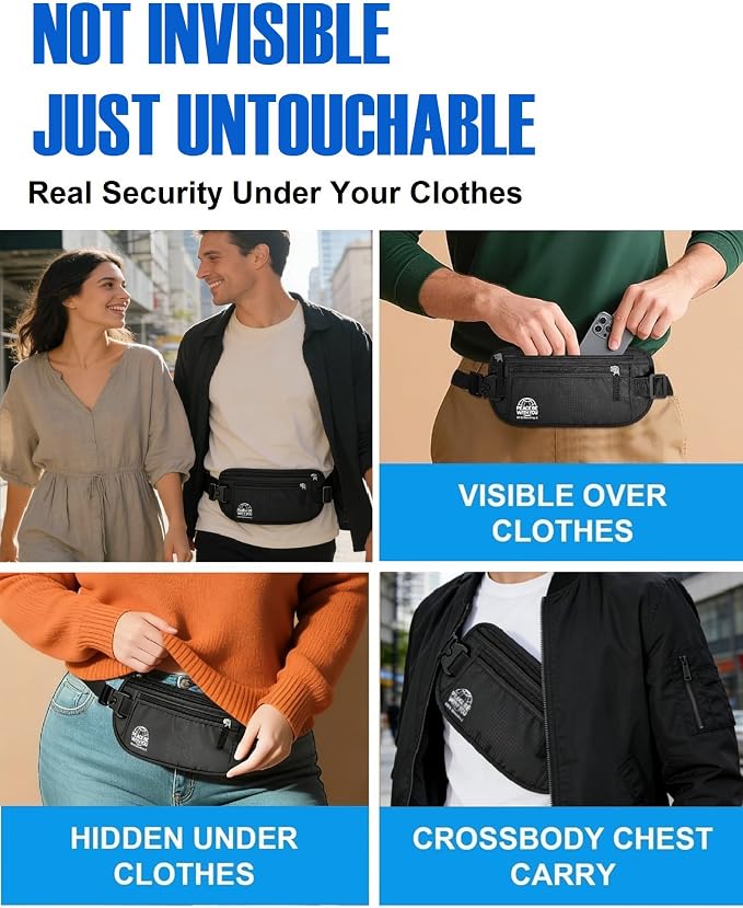 Money Belt for Travel, Passport Holder, RFID Blocking, Sweat-Proof, Black | 3rd Gen Hidden Waist Wallet Anti Theft to Protect Cash, Credit Cards and Documents Under-Clothes for Men & Women, Bamneat