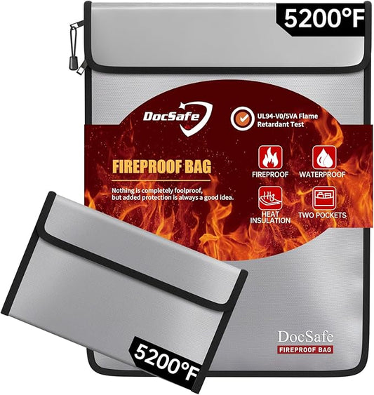 DocSafe Fireproof Document Bag (5200℉) with Fireproof Organizer Travel Case,Heat Insulated Fire＆Water Resistant 8 Layers Safe Money Bag Storage for Important Documents,Cash,Power Bank,Valuables,Gray