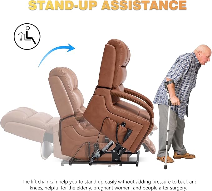 Trustyue Power Lift Recliner Chair, 180° Lay Flat Recliner, Lift Chair with Massage and Heat, Standing Assistance, Living Room Chair for Elderly People (Faux Leather Orange)